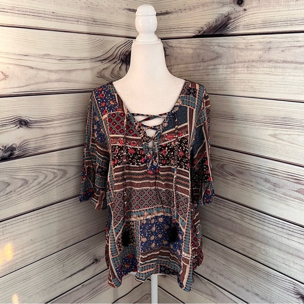 American Eagle Patchwork Patterned Lace Up Neckli… - image 2